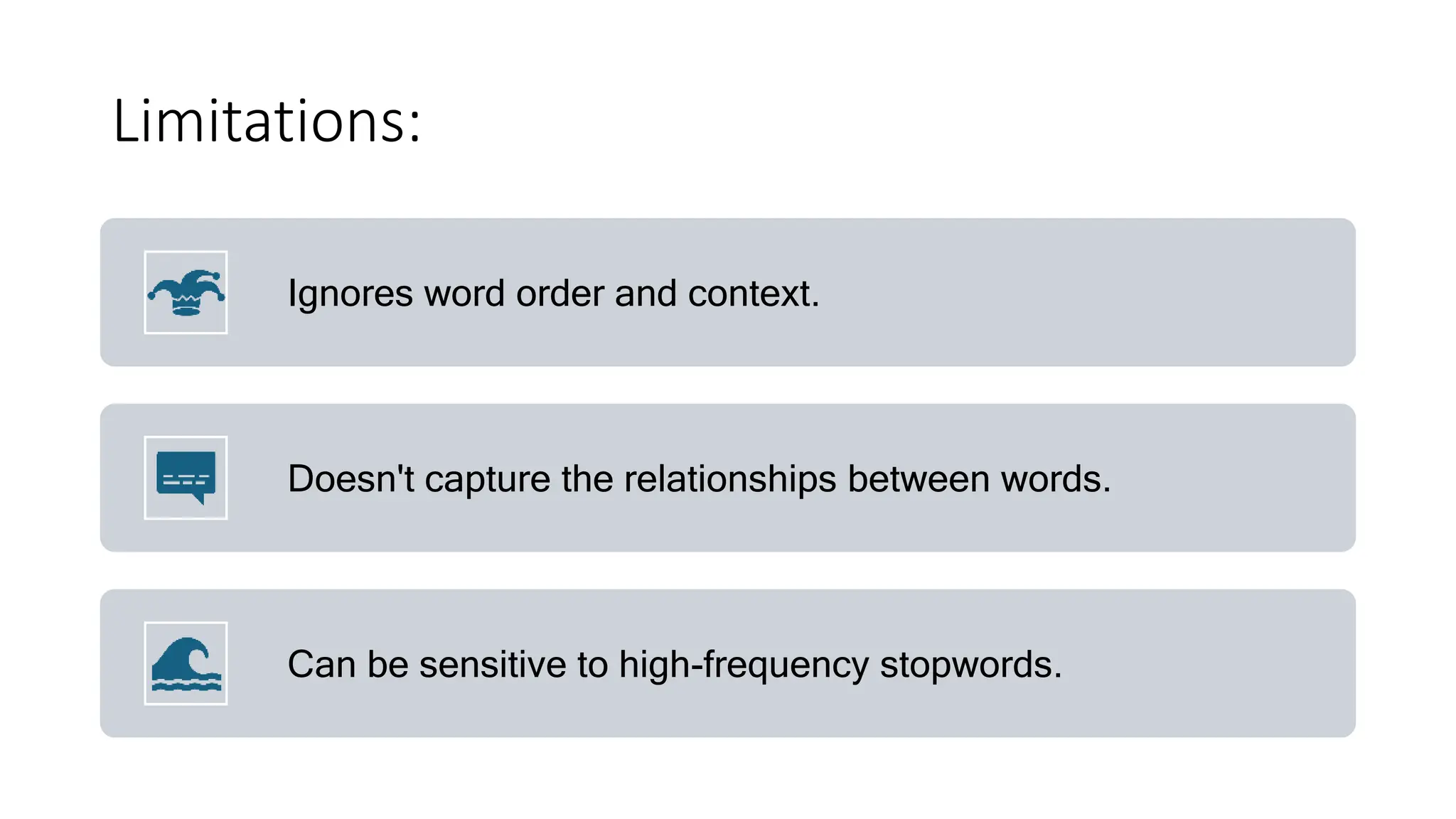 Limitations:
Ignores word order and context.
Doesn't capture the relationships between words.
Can be sensitive to high-frequency stopwords.
 