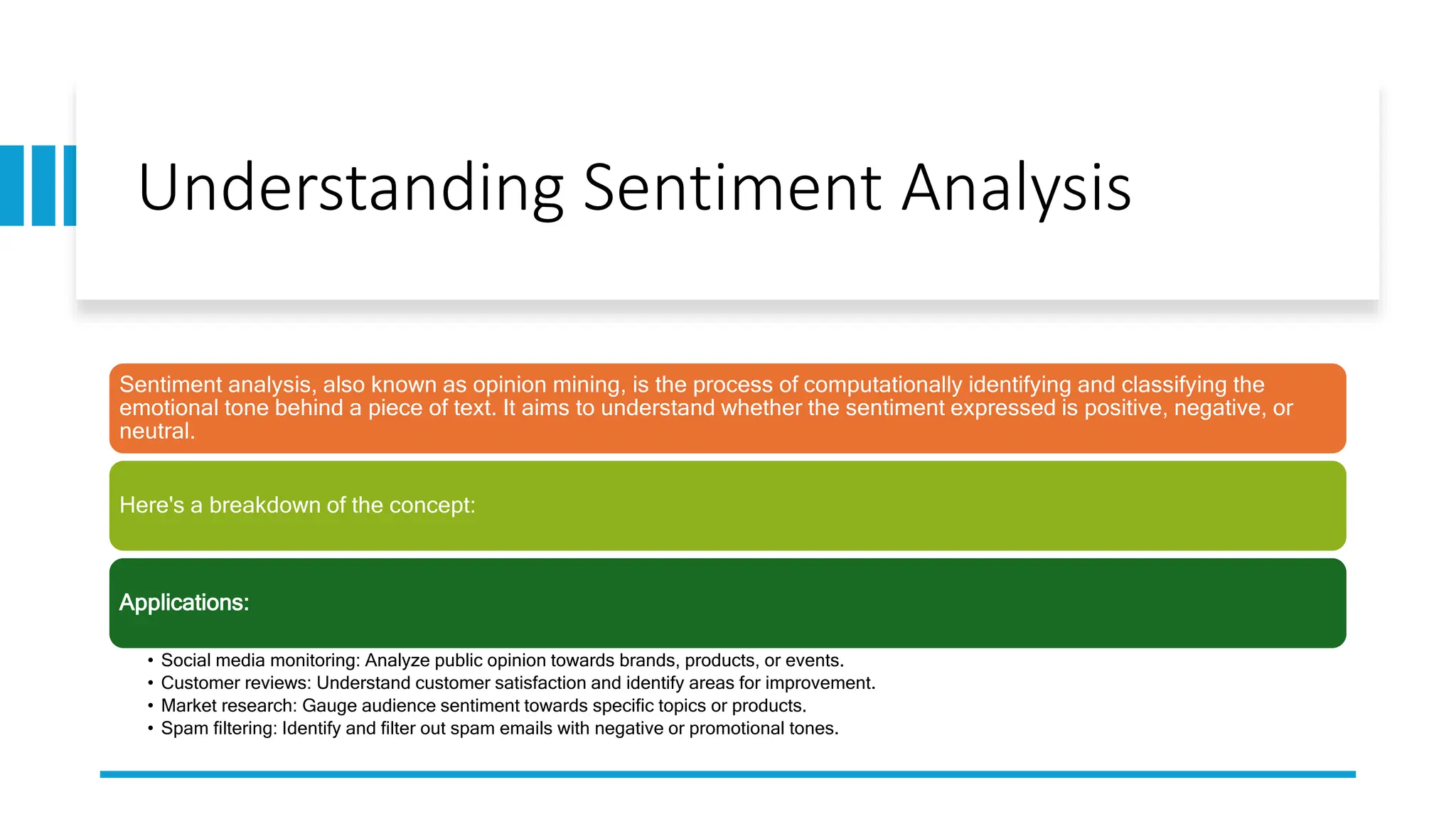Understanding Sentiment Analysis
Sentiment analysis, also known as opinion mining, is the process of computationally identifying and classifying the
emotional tone behind a piece of text. It aims to understand whether the sentiment expressed is positive, negative, or
neutral.
Here's a breakdown of the concept:
Applications:
• Social media monitoring: Analyze public opinion towards brands, products, or events.
• Customer reviews: Understand customer satisfaction and identify areas for improvement.
• Market research: Gauge audience sentiment towards specific topics or products.
• Spam filtering: Identify and filter out spam emails with negative or promotional tones.
 