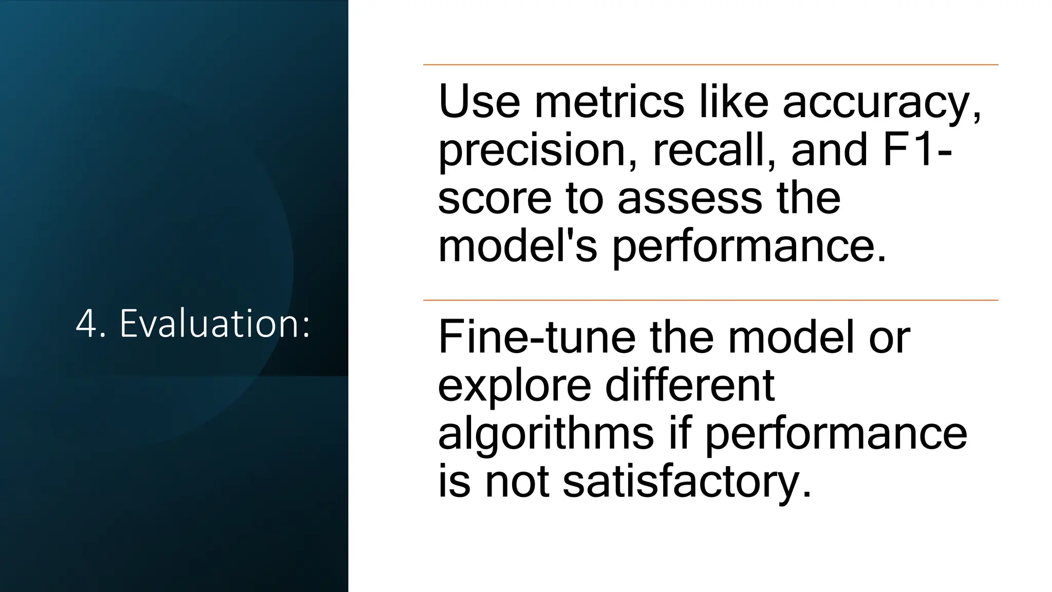 4. Evaluation:
Use metrics like accuracy,
precision, recall, and F1-
score to assess the
model's performance.
Fine-tune the model or
explore different
algorithms if performance
is not satisfactory.
 