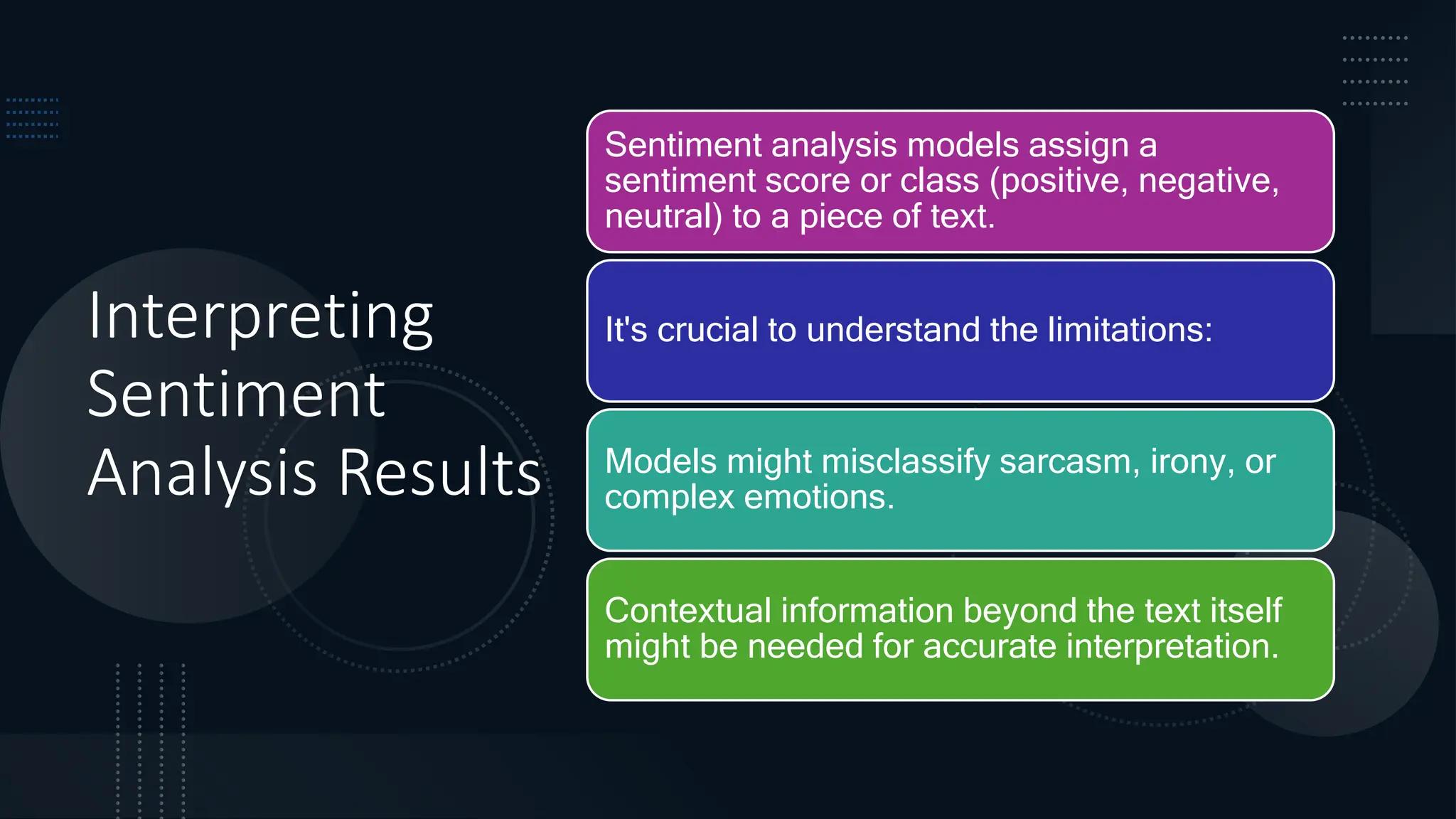 Interpreting
Sentiment
Analysis Results
Sentiment analysis models assign a
sentiment score or class (positive, negative,
neutral) to a piece of text.
It's crucial to understand the limitations:
Models might misclassify sarcasm, irony, or
complex emotions.
Contextual information beyond the text itself
might be needed for accurate interpretation.
 