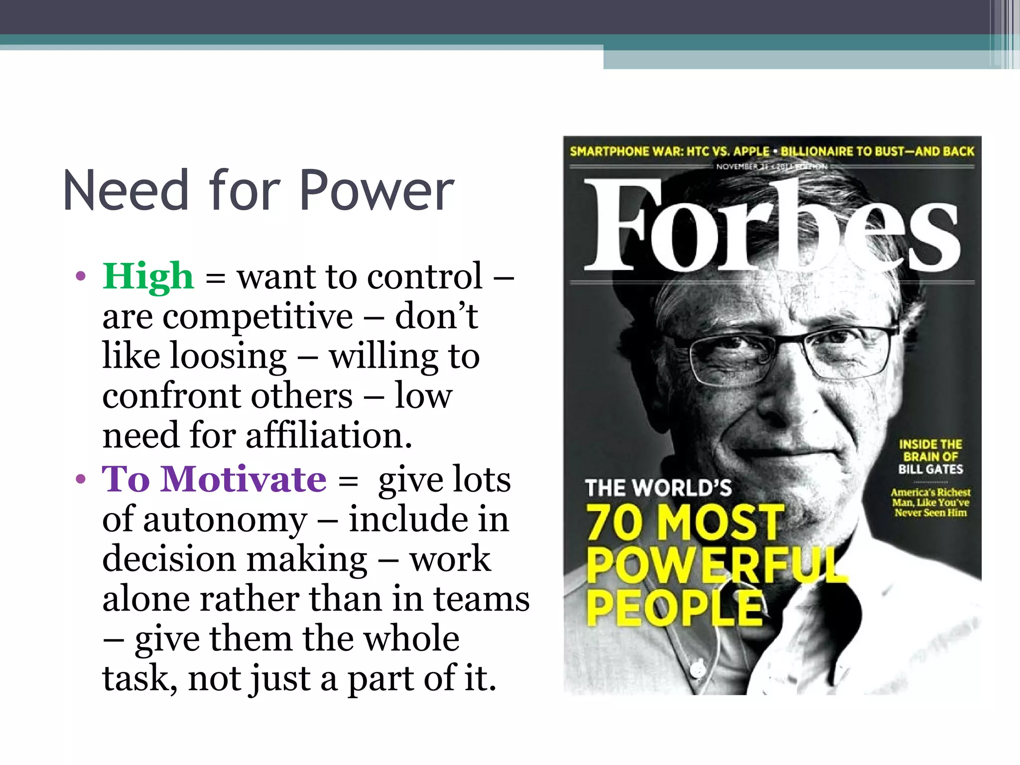Need for Power
• High = want to control –
are competitive – don’t
like loosing – willing to
confront others – low
need for affiliation.
• To Motivate = give lots
of autonomy – include in
decision making – work
alone rather than in teams
– give them the whole
task, not just a part of it.
 
