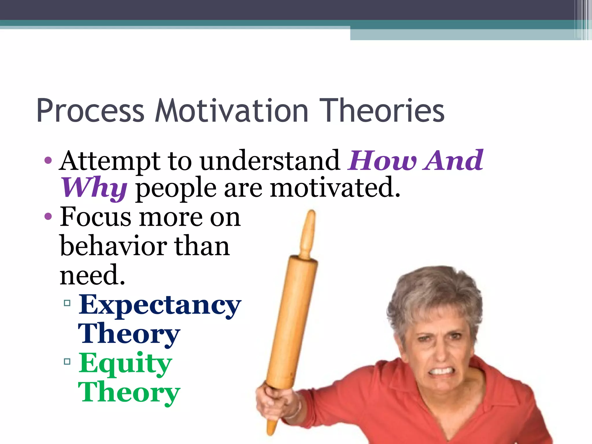 Process Motivation Theories
• Attempt to understand How And
Why people are motivated.
• Focus more on
behavior than
need.
▫ Expectancy
Theory
▫ Equity
Theory
 