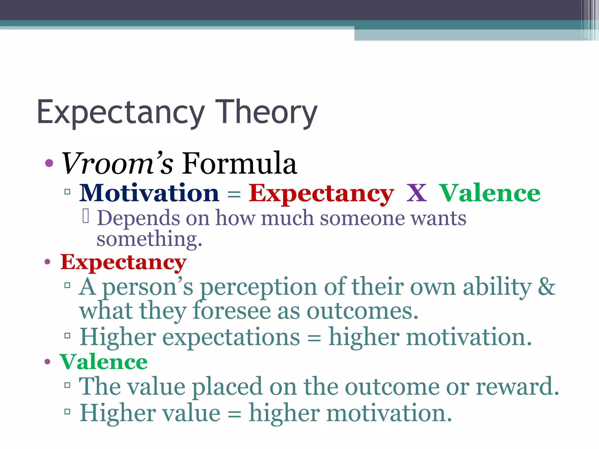 Expectancy Theory
• Vroom’s Formula
▫ Motivation = Expectancy X Valence
 Depends on how much someone wants
something.
• Expectancy
▫ A person’s perception of their own ability &
what they foresee as outcomes.
▫ Higher expectations = higher motivation.
• Valence
▫ The value placed on the outcome or reward.
▫ Higher value = higher motivation.
 