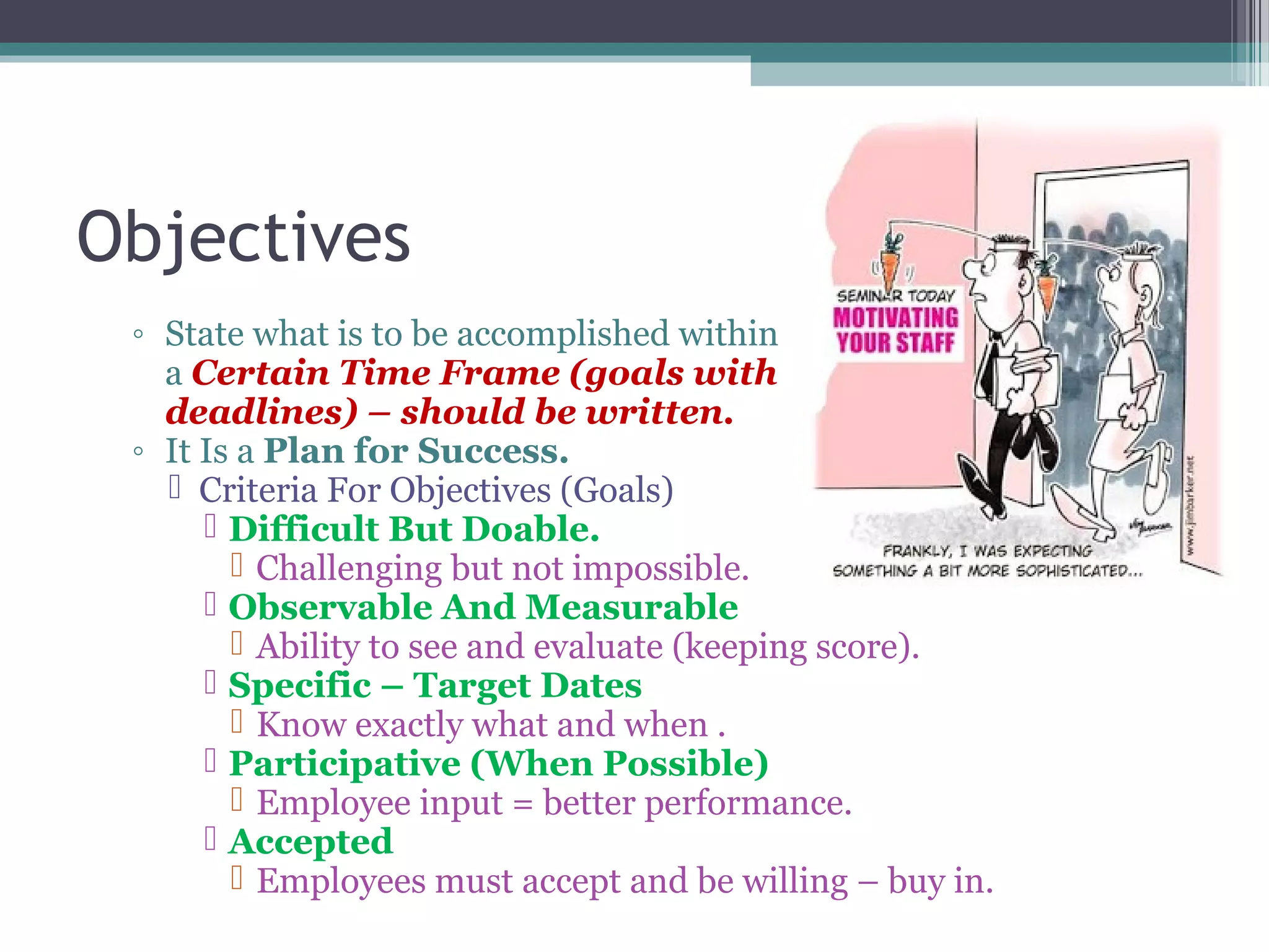 Objectives
◦ State what is to be accomplished within
a Certain Time Frame (goals with
deadlines) – should be written.
◦ It Is a Plan for Success.
 Criteria For Objectives (Goals)
 Difficult But Doable.
 Challenging but not impossible.
 Observable And Measurable
 Ability to see and evaluate (keeping score).
 Specific – Target Dates
 Know exactly what and when .
 Participative (When Possible)
 Employee input = better performance.
 Accepted
 Employees must accept and be willing – buy in.
 