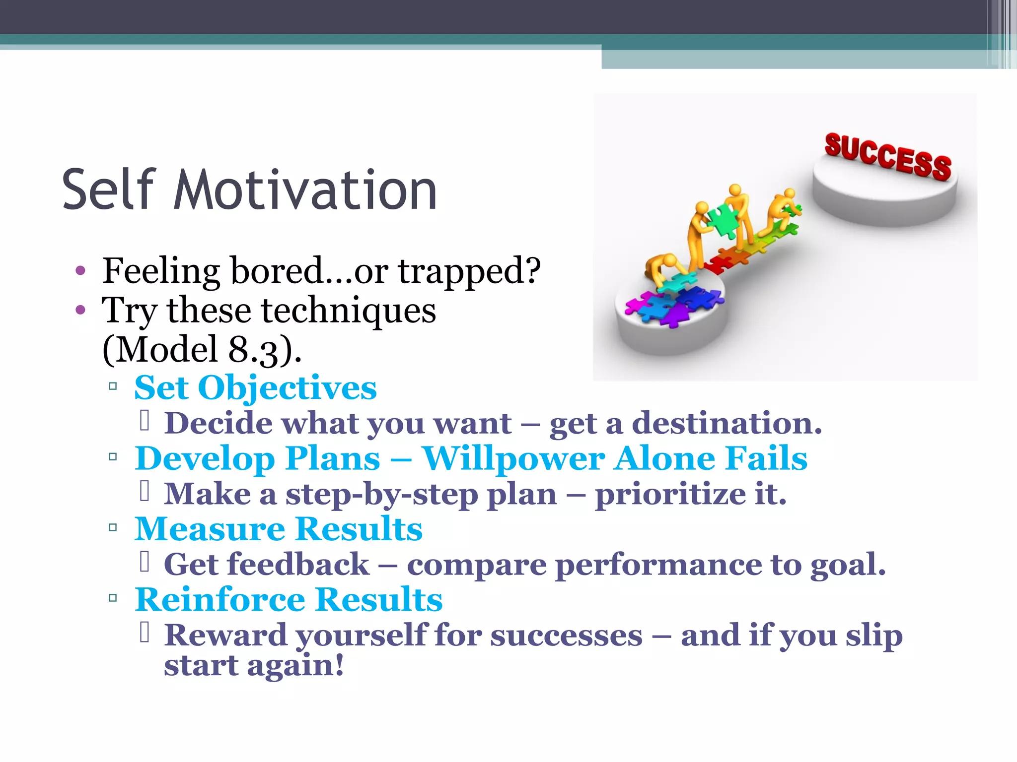 Self Motivation
• Feeling bored…or trapped?
• Try these techniques
(Model 8.3).
▫ Set Objectives
 Decide what you want – get a destination.
▫ Develop Plans – Willpower Alone Fails
 Make a step-by-step plan – prioritize it.
▫ Measure Results
 Get feedback – compare performance to goal.
▫ Reinforce Results
 Reward yourself for successes – and if you slip
start again!
 