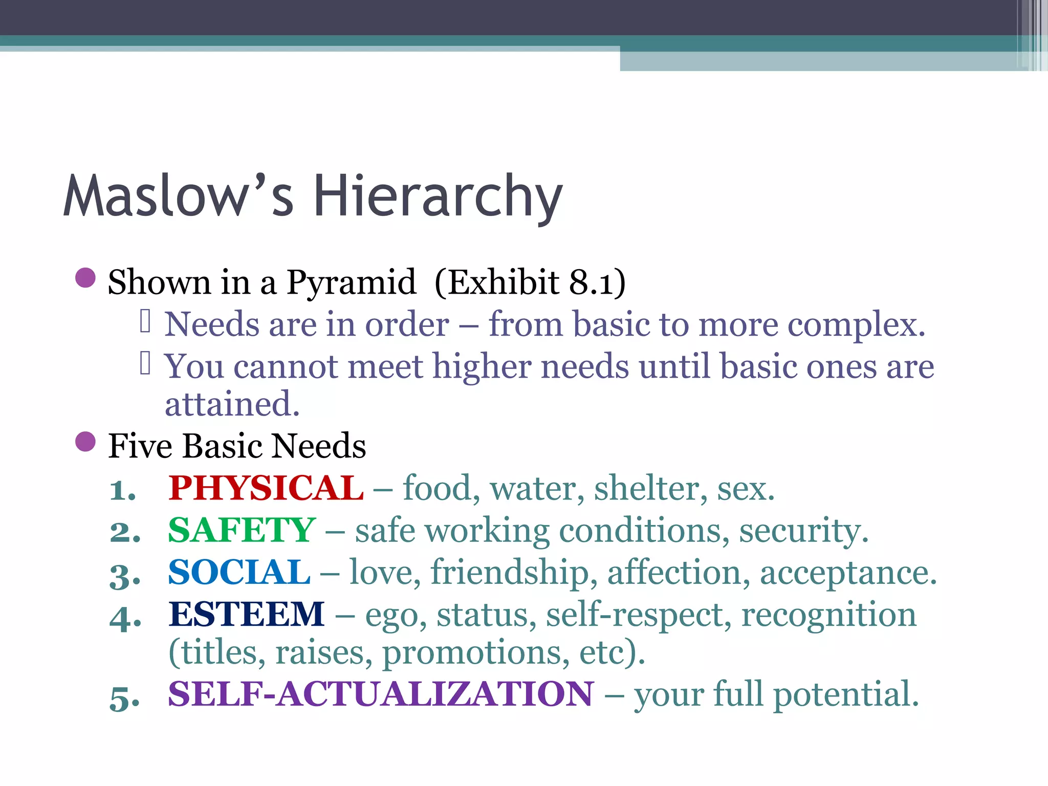 Maslow’s Hierarchy
Shown in a Pyramid (Exhibit 8.1)
 Needs are in order – from basic to more complex.
 You cannot meet higher needs until basic ones are
attained.
Five Basic Needs
1. PHYSICAL – food, water, shelter, sex.
2. SAFETY – safe working conditions, security.
3. SOCIAL – love, friendship, affection, acceptance.
4. ESTEEM – ego, status, self-respect, recognition
(titles, raises, promotions, etc).
5. SELF-ACTUALIZATION – your full potential.
 