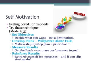 Self Motivation
• Feeling bored…or trapped?
• Try these techniques
(Model 8.3).
▫ Set Objectives
 Decide what you want – get a destination.
▫ Develop Plans – Willpower Alone Fails
 Make a step-by-step plan – prioritize it.
▫ Measure Results
 Get feedback – compare performance to goal.
▫ Reinforce Results
 Reward yourself for successes – and if you slip
start again!
 