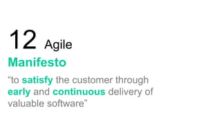 12 Agile
Manifesto
“to satisfy the customer through
early and continuous delivery of
valuable software”
 