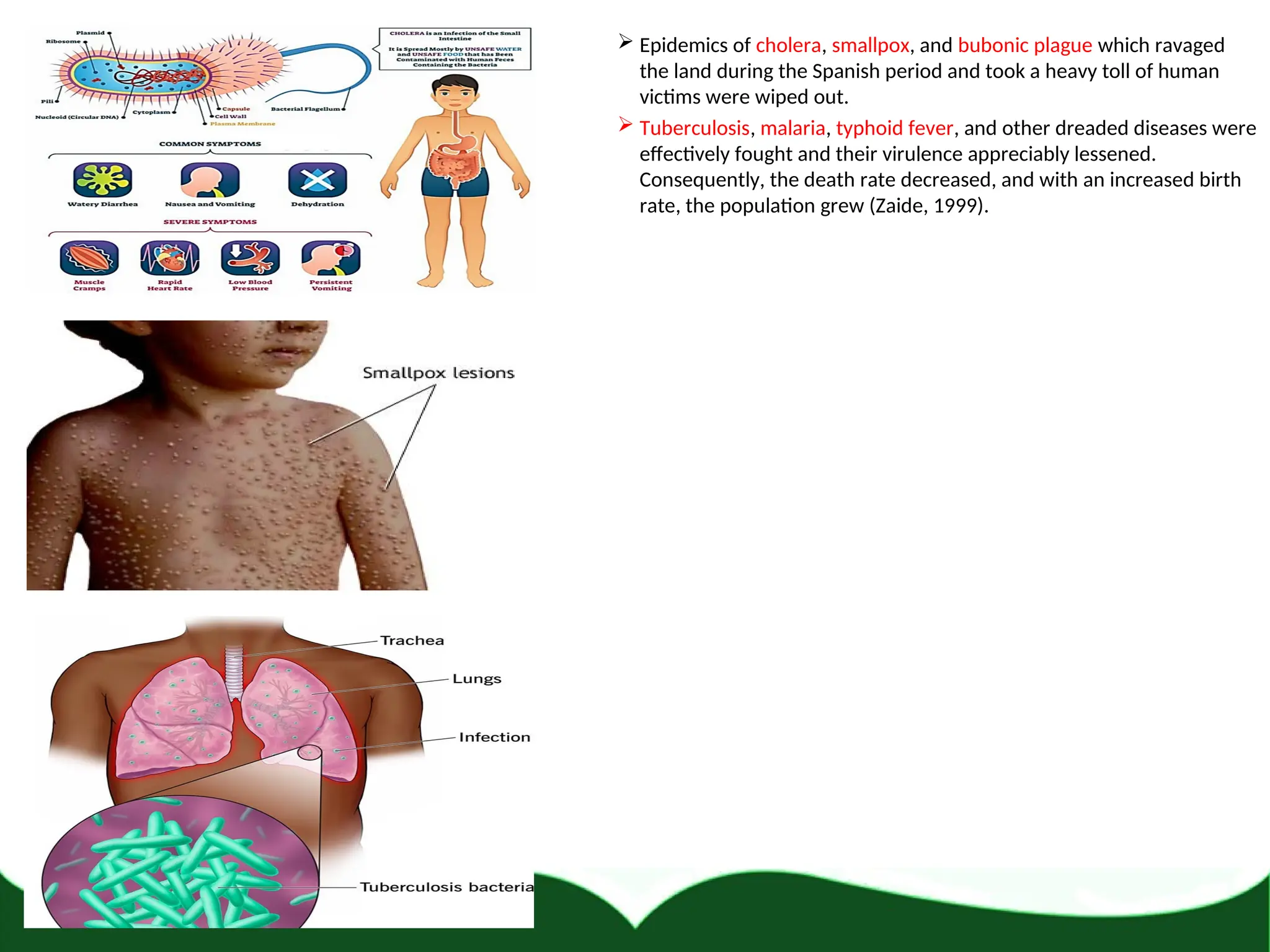  Epidemics of cholera, smallpox, and bubonic plague which ravaged
the land during the Spanish period and took a heavy toll of human
victims were wiped out.
 Tuberculosis, malaria, typhoid fever, and other dreaded diseases were
effectively fought and their virulence appreciably lessened.
Consequently, the death rate decreased, and with an increased birth
rate, the population grew (Zaide, 1999).
 