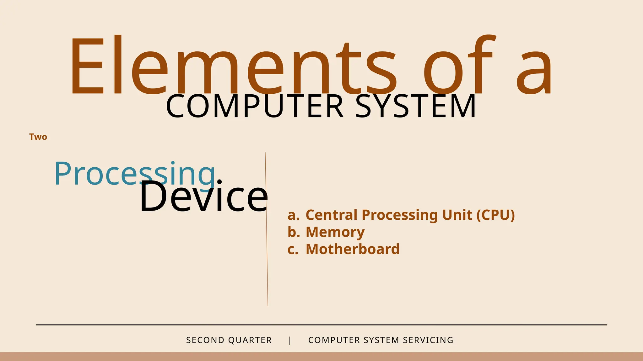 SECOND QUARTER | COMPUTER SYSTEM SERVICING
Elements of a
COMPUTER SYSTEM
Processing
Device a. Central Processing Unit (CPU)
b. Memory
c. Motherboard
Two
 