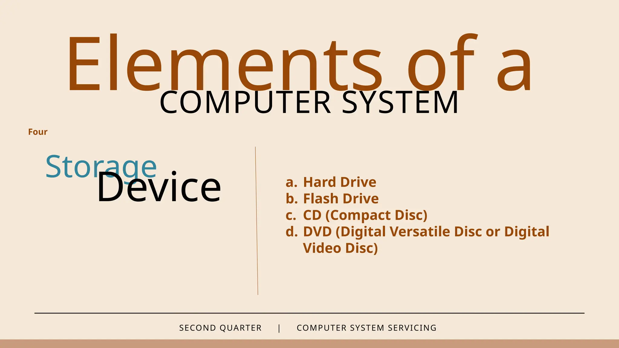 SECOND QUARTER | COMPUTER SYSTEM SERVICING
Elements of a
COMPUTER SYSTEM
Storage
Device a. Hard Drive
b. Flash Drive
c. CD (Compact Disc)
d. DVD (Digital Versatile Disc or Digital
Video Disc)
Four
 