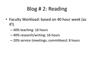 Blog # 2: Reading
• Faculty Workload: based on 40 hour week (as
if!)
– 40% teaching: 16 hours
– 40% research/writing: 16 hours
– 20% service (meetings; committees): 8 hours
 