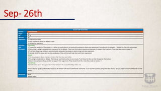 Sep- 26th
Session 26th September
Section Class Debate
Pages 32
MI IE, VL
Minutes 40
Objectives To improve oral skills
To give arguments about the debate’s topic
To ask precise questions
Activities
and
Strategies
Pre-activity
1. T poses the question of the debate: Is it better to travel alone or to travel with someone to share your adventures? According to the answers, T divides the class into two groups.
2. Each group is going to prepare their arguments for the debate. They must think about reasons and examples to support their opinions. They may take notes on page 32.
3. T will help the groups solve any possible doubts and guide the groups to build strong and clear arguments.
(T reminds the SS to review and use the vocabulary of the unit that will help them with their arguments)
Activity
4. The two groups sit down, making a circle so that they face each other.
5. T is going to moderate the debate. The time per each intervention is one minute. T will show the time so that SS organize themselves.
6. SS can show whatever they consider to support their arguments. They should check the notes they made on session 7.
Post-activity
7. SS take notes of the ideas generated in the debate in the Living Mind Map of the unit.
*Due to the SS´ age it’s probable that most (or all) of them will choose with friends and family. T can vary the question giving them this choice: ¨Do you prefer to travel with friends or with
family
Resources Book
Debate Rubric
 
