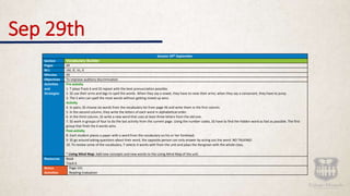 Sep 29th
Session 29th September
Section Vocabulary Builder
Pages 49
M.I. LM, IE, VL, K
Minutes 40
Objectives To improve auditory discrimination
Activities
and
Strategies
Pre-activity
1. T plays Track 6 and SS repeat with the best pronunciation possible.
2. SS use their arms and legs to spell the words. When they say a vowel, they have to raise their arms; when they say a consonant, they have to jump.
3. The S who can spell the most words without getting mixed up wins.
Activity
4. In pairs, SS choose six words from the vocabulary list from page 46 and write them in the first column.
5. In the second column, they write the letters of each word in alphabetical order.
6. In the third column, SS write a new word that uses at least three letters from the old one.
7. SS work in groups of four to do the last activity from the current page. Using the number codes, SS have to find the hidden word as fast as possible. The first
group that finds the 6 words wins.
Post-activity
8. Each student places a paper with a word from the vocabulary on his or her forehead.
9. SS go around asking questions about their word, the opposite person can only answer by acting out the word. NO TALKING!
10. To review some of the vocabulary, T selects 4 words with from the unit and plays the Hangman with the whole class.
* Living Mind Map: Add new concepts and new words to the Living Mind Map of the unit.
Resources Book
Track 6
Bonus
Activities
Page 141
Reading Evaluation
 
