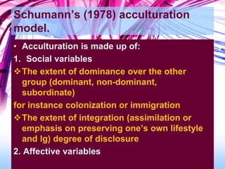 Schumann’s (1978) acculturation
model.
• Acculturation is made up of:
1. Social variables
The extent of dominance over the other
group (dominant, non-dominant,
subordinate)
for instance colonization or immigration
The extent of integration (assimilation or
emphasis on preserving one’s own lifestyle
and lg) degree of disclosure
2. Affective variables
 