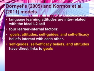 Dornyei’s (2005) and Kormos et al.
(2011) models
• language learning attitudes are inter-related
with the Ideal L2 self
• four learner-internal factors:
• goals, attitudes, self-guides, and self-efficacy
beliefs interact with each other.
• self-guides, self-efficacy beliefs, and attitudes
have direct links to goals
 