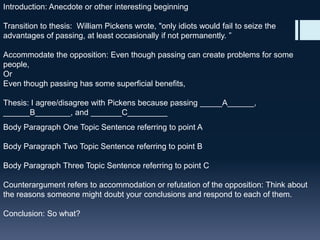Introduction: Anecdote or other interesting beginning

Transition to thesis: William Pickens wrote, "only idiots would fail to seize the
advantages of passing, at least occasionally if not permanently. ‖

Accommodate the opposition: Even though passing can create problems for some
people,
Or
Even though passing has some superficial benefits,

Thesis: I agree/disagree with Pickens because passing _____A______,
______B________, and _______C_________
Body Paragraph One Topic Sentence referring to point A

Body Paragraph Two Topic Sentence referring to point B

Body Paragraph Three Topic Sentence referring to point C

Counterargument refers to accommodation or refutation of the opposition: Think about
the reasons someone might doubt your conclusions and respond to each of them.

Conclusion: So what?
 