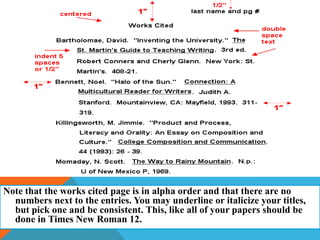 Note that the works cited page is in alpha order and that there are no
  numbers next to the entries. You may underline or italicize your titles,
  but pick one and be consistent. This, like all of your papers should be
  done in Times New Roman 12.
 