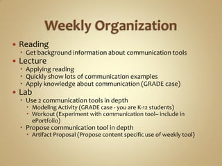    Reading
     Get background information about communication tools
   Lecture
     Applying reading
     Quickly show lots of communication examples
     Apply knowledge about communication (GRADE case)
   Lab
     Use 2 communication tools in depth
       Modeling Activity (GRADE case - you are K-12 students)
       Workout (Experiment with communication tool– include in
        ePortfolio)
     Propose communication tool in depth
       Artifact Proposal (Propose content specific use of weekly tool)
 