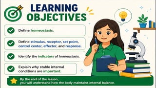 Learning Objectives
• Define homeostasis.
• Define stimulus, receptor, set point, control center, effector,
and response.
• Identify the indicators of homeostasis.
• Explain why stable internal conditions are important.
 