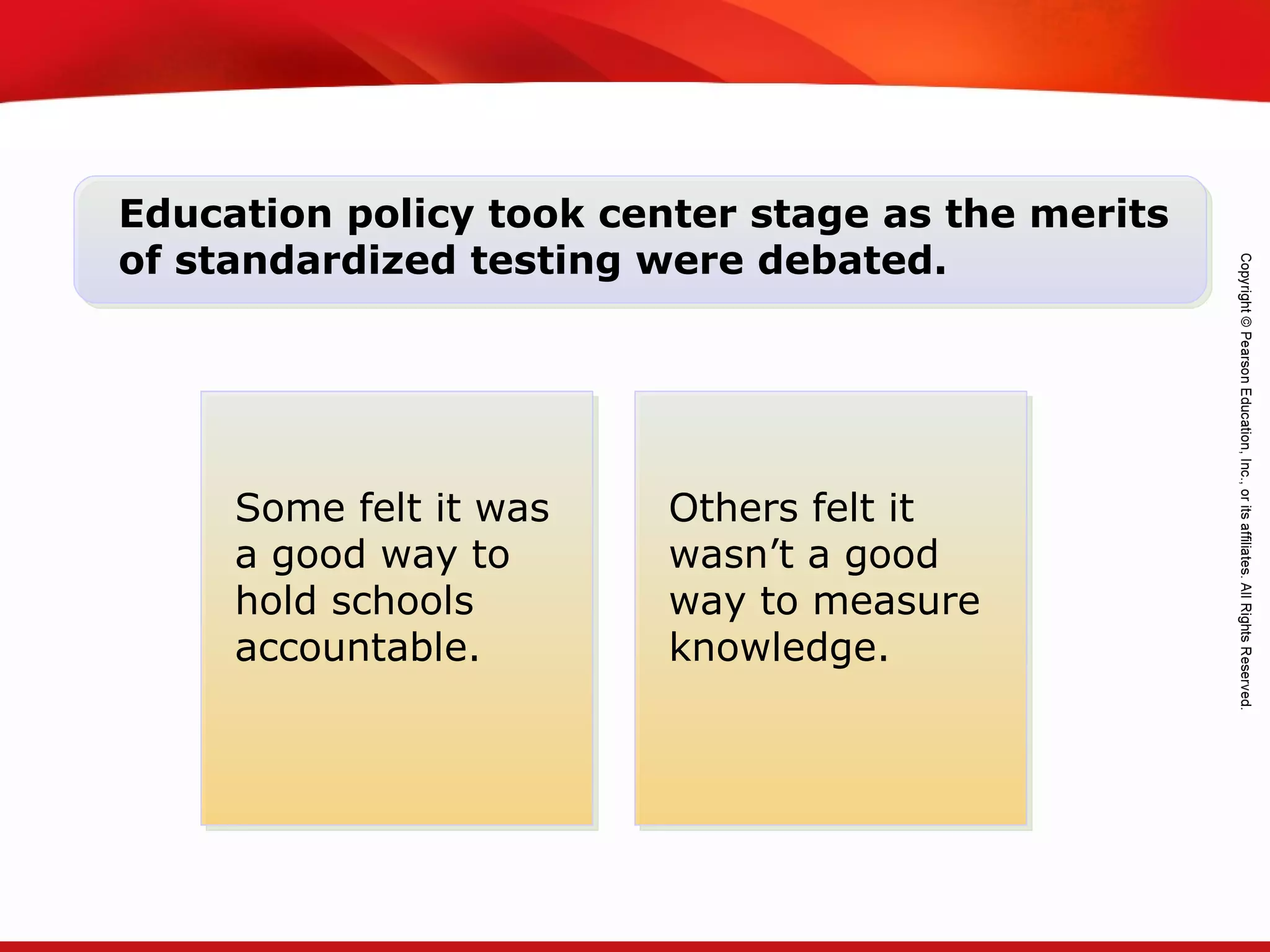TEKS 8C: Calculate percent composition and empirical and molecular formulas.
Others felt it
wasn’t a good
way to measure
knowledge.
Education policy took center stage as the merits
of standardized testing were debated.
Some felt it was
a good way to
hold schools
accountable.
 