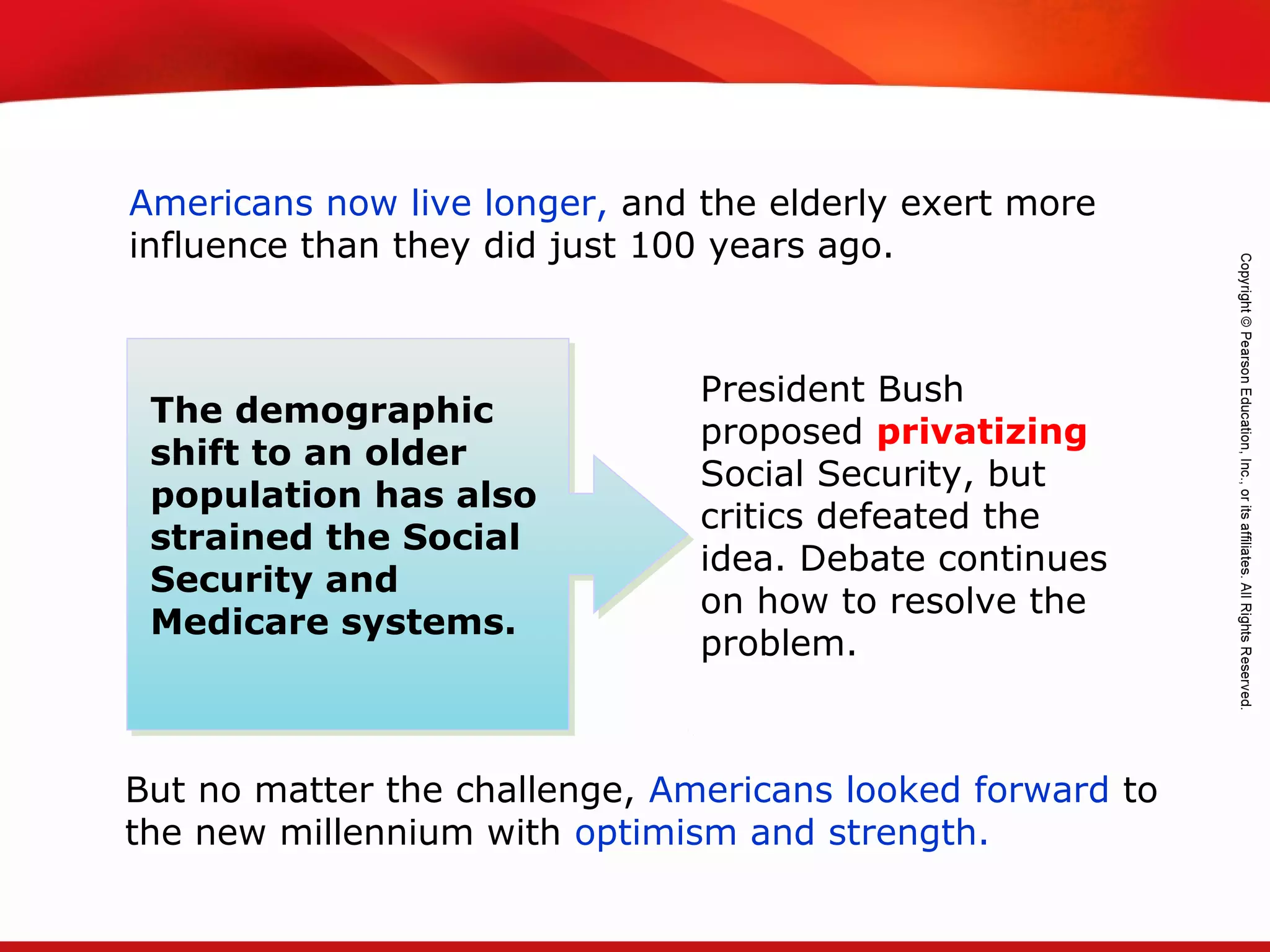 TEKS 8C: Calculate percent composition and empirical and molecular formulas.
Americans now live longer, and the elderly exert more
influence than they did just 100 years ago.
President Bush
proposed privatizing
Social Security, but
critics defeated the
idea. Debate continues
on how to resolve the
problem.
But no matter the challenge, Americans looked forward to
the new millennium with optimism and strength.
The demographic
shift to an older
population has also
strained the Social
Security and
Medicare systems.
 