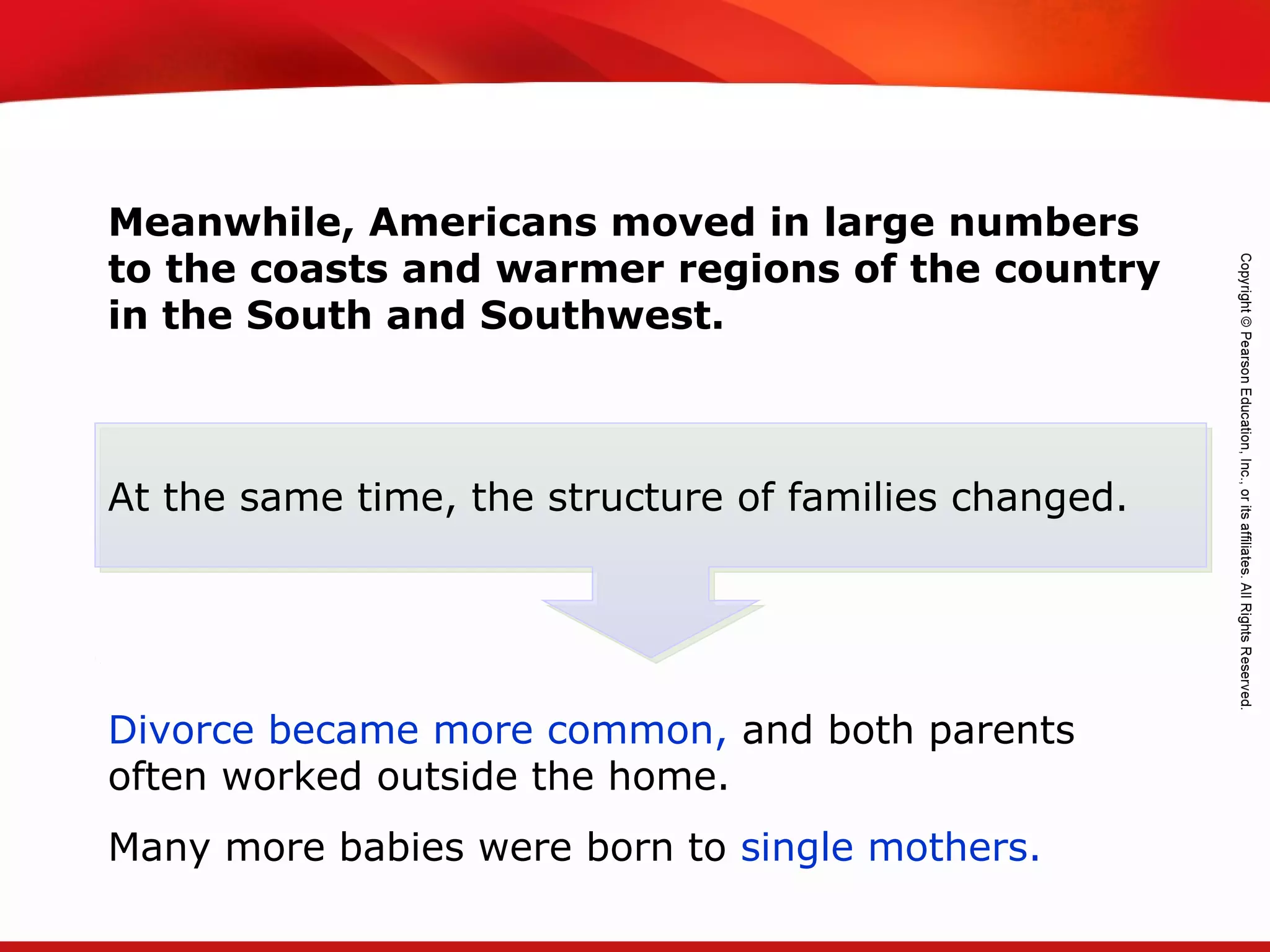 TEKS 8C: Calculate percent composition and empirical and molecular formulas.
Meanwhile, Americans moved in large numbers
to the coasts and warmer regions of the country
in the South and Southwest.
Divorce became more common, and both parents
often worked outside the home.
Many more babies were born to single mothers.
At the same time, the structure of families changed.
 
