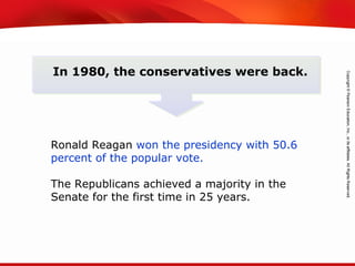 TEKS 8C: Calculate percent composition and empirical and molecular formulas.
In 1980, the conservatives were back.
Ronald Reagan won the presidency with 50.6
percent of the popular vote.
The Republicans achieved a majority in the
Senate for the first time in 25 years.
 