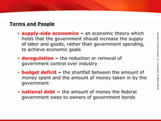 TEKS 8C: Calculate percent composition and empirical and molecular formulas.
Terms and People
• supply-side economics – an economic theory which
holds that the government should increase the supply
of labor and goods, rather than government spending,
to achieve economic goals
• deregulation – the reduction or removal of
government control over industry
• budget deficit – the shortfall between the amount of
money spent and the amount of money taken in by the
government
• national debt − the amount of money the federal
government owes to owners of government bonds
 