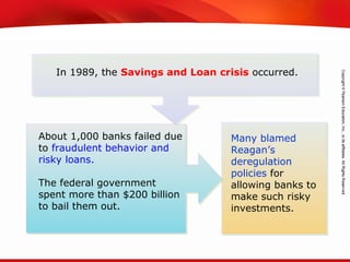 TEKS 8C: Calculate percent composition and empirical and molecular formulas.
About 1,000 banks failed due
to fraudulent behavior and
risky loans.
The federal government
spent more than $200 billion
to bail them out.
Many blamed
Reagan’s
deregulation
policies for
allowing banks to
make such risky
investments.
In 1989, the Savings and Loan crisis occurred.
 