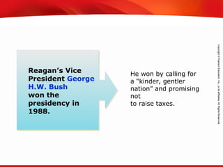 TEKS 8C: Calculate percent composition and empirical and molecular formulas.
He won by calling for
a “kinder, gentler
nation” and promising
not
to raise taxes.
Reagan’s Vice
President George
H.W. Bush
won the
presidency in
1988.
 
