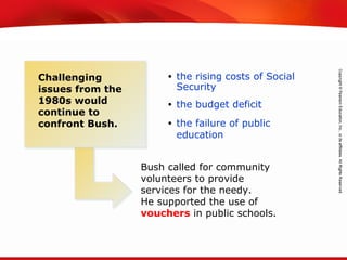 TEKS 8C: Calculate percent composition and empirical and molecular formulas.
• the rising costs of Social
Security
• the budget deficit
• the failure of public
education
Challenging
issues from the
1980s would
continue to
confront Bush.
Bush called for community
volunteers to provide
services for the needy.
He supported the use of
vouchers in public schools.
 