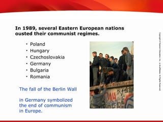 TEKS 8C: Calculate percent composition and empirical and molecular formulas.
In 1989, several Eastern European nations
ousted their communist regimes.
• Poland
• Hungary
• Czechoslovakia
• Germany
• Bulgaria
• Romania
The fall of the Berlin Wall
in Germany symbolized
the end of communism
in Europe.
 