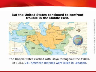 TEKS 8C: Calculate percent composition and empirical and molecular formulas.
But the United States continued to confront
trouble in the Middle East.
The United States clashed with Libya throughout the 1980s.
In 1983, 241 American marines were killed in Lebanon.
 