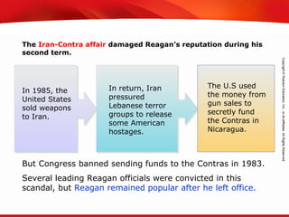 TEKS 8C: Calculate percent composition and empirical and molecular formulas.
In 1985, the
United States
sold weapons
to Iran.
In return, Iran
pressured
Lebanese terror
groups to release
some American
hostages.
The U.S used
the money from
gun sales to
secretly fund
the Contras in
Nicaragua.
But Congress banned sending funds to the Contras in 1983.
Several leading Reagan officials were convicted in this
scandal, but Reagan remained popular after he left office.
The Iran-Contra affair damaged Reagan’s reputation during his
second term.
 
