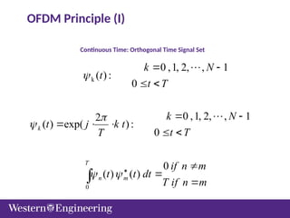 Continuous Time: Orthogonal Time Signal Set
k
0
0 ,1, 2, , 1
( ):
0
0 ,1, 2, , 1
2
( ) exp( ):
0
0
( ) ( )
k
T
n m
k N
t
t T
k N
t j k t
t T
T
if n m
t t dt
T if n m



  
 
 
 
  
 






OFDM Principle (I)
 