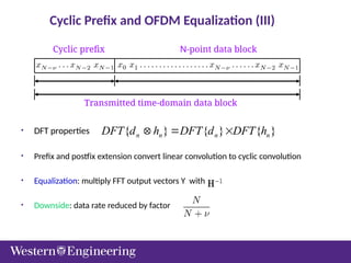 Cyclic Prefix and OFDM Equalization (III)
• DFT properties
• Prefix and postfix extension convert linear convolution to cyclic convolution
• Equalization: multiply FFT output vectors Y with .
• Downside: data rate reduced by factor .
}
{
}
{
}
{ n
n
n
n h
DFT
d
DFT
h
d
DFT 


Transmitted time-domain data block
Cyclic prefix N-point data block
 