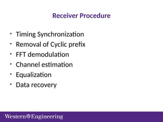 Receiver Procedure
• Timing Synchronization
• Removal of Cyclic prefix
• FFT demodulation
• Channel estimation
• Equalization
• Data recovery
 