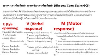 มาตรกลาสโกวโคม่า มาตรวัดกลาสโกวโคม่า (Glasgow Coma Scale: GCS)
มาตรกลาสโกวโคม่า คือ วิธีประเมินความผิดปกติและความรุนแรงทางระบบประสาทวิธีหนึ่งที่นิยมใช้ทางการแพทย์ เนื่องจาก
เป็นวิธีที่ไม่ยุงยาก ง่ายต่อการใช้ และสามารถให้บุคลากรทางการแพทย์ที่ไม่ใช่แพทย์ประเมินได้ โดยประเมินลักษณะทาง
คลินิกในการรู้สึกตัวของผู้ป่วยเป็นคะแนน ทั้งนี้การประเมินประกอบด้วย
E (Eye
openning)
การประเมินการลืมตาแบ่งเป็น
4 ระดับคะแนน คือ
1 คะแนน ไม่ลืมตา
ไม่ตอบสนองต่อสิ่งกระตุ้น
ใดๆ
2 คะแนน ลืมตาเมื่อเจ็บ
3 คะแนน ลืมตาเมื่อเรียก
4 คะแนน ลืมตาได้เอง
V (Verbal
response)
ประเมินการพูด แบ่งเป็น 5 ระดับคะแนน คือ
1 คะแนน ไม่พูด ไม่ส่งเสียงใดๆ
2 คะแนน ส่งเสียงอือ อา ไม่เป็นคาพูด
3 คะแนน ส่งเสียงพูดเป็นคาๆ แต่ฟังไม่รู้
เรื่อง
4 คะแนน พูดเป็นคาๆ แต่ไม่ถูกต้องกับ
เหตุการณ์
5 คะแนน ถามตอบรู้เรื่องปกติ
M (Motor
response)
การประเมินการเคลื่อนไหวของแขน ขา แบ่งเป็น 6 ระดับคะแนน คือ
1 คะแนน ไม่มีการเคลื่อนไหวใดๆต่อสิ่งกระตุ้น ไม่ตอบสนองต่อความ
เจ็บปวด
2 คะแนน ตอบสนองต่อการกระตุ้นที่ทาให้เจ็บ โดย แขน ขาเหยียดเกร็ง
3 คะแนน ตอบสนองต่อการกระตุ้นที่ทาให้เจ็บ โดย แขน ขางอเข้า
ผิดปกติ
4 คะแนน ตอบสนองต่อการทาให้เจ็บแบบปกติ เช่น เคลื่อนแขนขาหนี
5 คะแนน ตอบสนองต่อการทาให้เจ็บ ถูกตาแหน่งที่ทาให้เจ็บ เช่น การ
ปัด
 