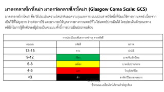 มาตรกลาสโกวโคม่า มาตรวัดกลาสโกวโคม่า (Glasgow Coma Scale: GCS)
มาตรกลาสโกวโคม่า คือ วิธีประเมินความผิดปกติและความรุนแรงทางระบบประสาทวิธีหนึ่งที่นิยมใช้ทางการแพทย์ เนื่องจาก
เป็นวิธีที่ไม่ยุงยาก ง่ายต่อการใช้ และสามารถให้บุคลากรทางการแพทย์ที่ไม่ใช่แพทย์ประเมินได้ โดยประเมินลักษณะทาง
คลินิกในการรู้สึกตัวของผู้ป่วยเป็นคะแนน ทั้งนี้การประเมินประกอบด้วย
1. E (Eye opening)
การประเมินการลืมตาแบ่งเป็น
4 ระดับคะแนน คือ
1 คะแนน ไม่ลืมตา
ไม่ตอบสนองต่อสิ่งกระตุ้นใดๆ
2 คะแนน ลืมตาเมื่อเจ็บ
3 คะแนน ลืมตาเมื่อเรียก
4 คะแนน ลืมตาได้เอง
2. V (Verbal response) การ
ประเมินการพูด แบ่งเป็น 5 ระดับคะแนน
คือ
1 คะแนน ไม่พูด ไม่ส่งเสียงใดๆ
2 คะแนน ส่งเสียงอือ อา ไม่เป็นคาพูด
3 คะแนน ส่งเสียงพูดเป็นคาๆ แต่ฟังไม่รู้เรื่อง
4 คะแนน พูดเป็นคาๆ แต่ไม่ถูกต้องกับ
เหตุการณ์
5 คะแนน ถามตอบรู้เรื่องปกติ
3. M (Motor response) การประเมินการเคลื่อนไหว
ของแขน ขา แบ่งเป็น 6 ระดับคะแนน คือ
1 คะแนน ไม่มีการเคลื่อนไหวใดๆต่อสิ่งกระตุ้น ไม่ตอบสนองต่อความ
เจ็บปวด
2 คะแนน ตอบสนองต่อการกระตุ้นที่ทาให้เจ็บ โดย แขน ขาเหยียดเกร็ง
3 คะแนน ตอบสนองต่อการกระตุ้นที่ทาให้เจ็บ โดย แขน ขางอเข้า
ผิดปกติ
4 คะแนน ตอบสนองต่อการทาให้เจ็บแบบปกติ เช่น เคลื่อนแขนขาหนี
5 คะแนน ตอบสนองต่อการทาให้เจ็บ ถูกตาแหน่งที่ทาให้เจ็บ เช่น การ
ปัดสิ่งกระตุ้น
6 คะแนน เคลื่อนไหวได้ตามคาสั่งถูกต้อง
การประเมินระดับอาการคร่าวๆ จากรหัสสี
คะแนน รหัสสี สภาพ
13-15 ขาว ปกติดี
9-12 เขียว บาดเจ็บเล็กน้อย
6-8 เหลือง บาดเจ็บปานกลาง
4-5 แดง วิกฤติต่อชีวิต
<3 ดา สาหัส มีโอกาสรอดยาก
 