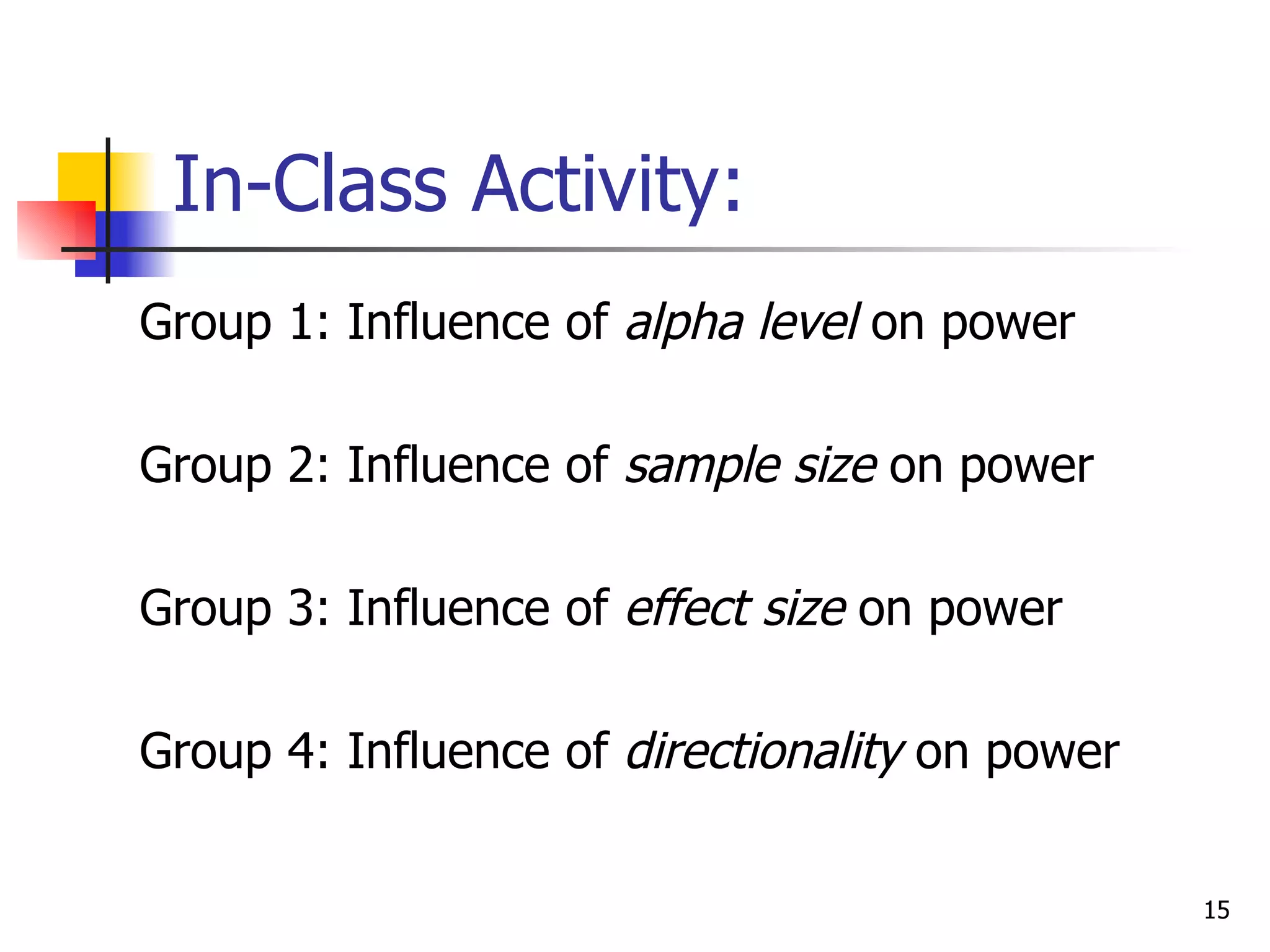 In-Class Activity:
Group 1: Influence of alpha level on power

Group 2: Influence of sample size on power

Group 3: Influence of effect size on power

Group 4: Influence of directionality on power


                                                15
 