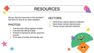 RESOURCES
Did you like the resources on this template?
Get them for free at our other websites:
PHOTOS:
● Full shot kids sitting together at table
● Full shot kids sitting at table
● Portrait of expressive african american
woman
● Front view of smiley and friendly man
VECTORS:
● Hand drawn cartoon element collection
● Hand drawn cartoon element pack
● Trendy cartoon element collection
 