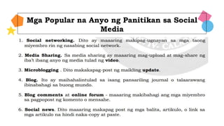 Mga Popular na Anyo ng Panitikan sa Social
Media
OBSERVATION
Mercury is the closest
planet to the Sun and the
smallest in the System
Venus has a beautiful
name and is the second
planet from the Sun
Earth is the third planet
from the Sun and the only
one that harbors life
EXPERIENCES CREATIVITY
 