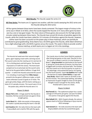 Hounds
@
2013 Results: The Hounds swept the series 2-0
All-Time Series: The teams are 2-2 against one another, with the Lizards sweeping the 2012 series and
the Hounds taking the 2013 series
All four games between these teams have been closely contested. The largest margin of victory in the
series was in Week 12 of 2012, when the Lizards topped the Hounds 13-9. Every other game has been
won by a one or two goal margin. The close nature of those games also accounts for the high penalty
minutes racked up between these teams. The Hounds have served 18 minutes of penalties against the
Lizards, while the Lizards have been called for 13.5 minutes of infractions against the Hounds. However,
neither team has been successful on the power play in these matchups, which can partially be
contributed to great goaltending. Drew Adams has a 54.2SV% against the Hounds, while Adam Ghitelman
has a slight advantage with a 56.3SV% in games versus the Lizards. This week is likely to provide another
intense matchup, as both teams are in a logjam at 3-4 in the standings.
HOUNDS
The Hounds last week won their second-straight
game, again topping a team with a winning record.
The Launch came into the matchup at 4-2, but lost 14-
13 in a thrilling back-and-forth game. The Hounds
improved to 3-4 with the victory. The home team
jumped out to an early lead, but the Launch came
back to tie the game before halftime. A huge third
quarter -- in which the Hounds outscored the Launch
5-2, including a 2-point goal from Mike Sawyer --
proved to be the game’s difference maker, as both
teams otherwise scored 13 goals on 27 shots. The
game got pretty chippy, with the teams racking up a
total of 11.5 penalty minutes. The Launch were 2-9 on
the power-play, while the Hounds were 1-6.
Players To Watch
Mason Poli (LSM) – A huge asset for the Hounds in
transition, Poli has scored at least one goal in three
straight games.
Justin Ward (A) – With nine assists in three games,
the rookie is quickly becoming the team’s new QB.
Josh Hawkins (M) –He ranks third on the team with
17 groundballs and is tied for fifth with five goals.
LIZARDS
The Lizards return to their home field this weekend
after losing two games on the road. They fell 11-8 to
the Launch in Week 6, and 16-11 to the Outlaws in
Week 7. Greg Gurenlian has dominated at the faceoff
X, giving the Lizards plenty of chances, but they have
struggled with turnovers and loose balls. The Outlaws
shut the Lizards out in the first quarter en route to a
4-0 advantage, and pushed that lead to 14-5 going
into the fourth quarter. Coach Joe Spallina then made
the decision to replace Drew Adams in cage with
Sean Brady. Adams had 7 saves on 20 shots in the
first 45 minutes. The Lizards kept battling, and tallied
an impressive six goals straight to close out the game,
thought it wasn’t enough for the victory. Brady
finished with 2 saves on 2 shots.
Players To Watch
Rob Pannell (A) – The sophomore player has a career
average of 3.94 points per game. Last year he tallied
nine points in two games against the Hounds.
Max Seibald (M) – With 12 goals already, the veteran
appears back to full force following an injury-marred
2013 campaign.
Kyle Hartzell (D) – He ranks second on the team with
26 groundballs and also has scored three goals.
 