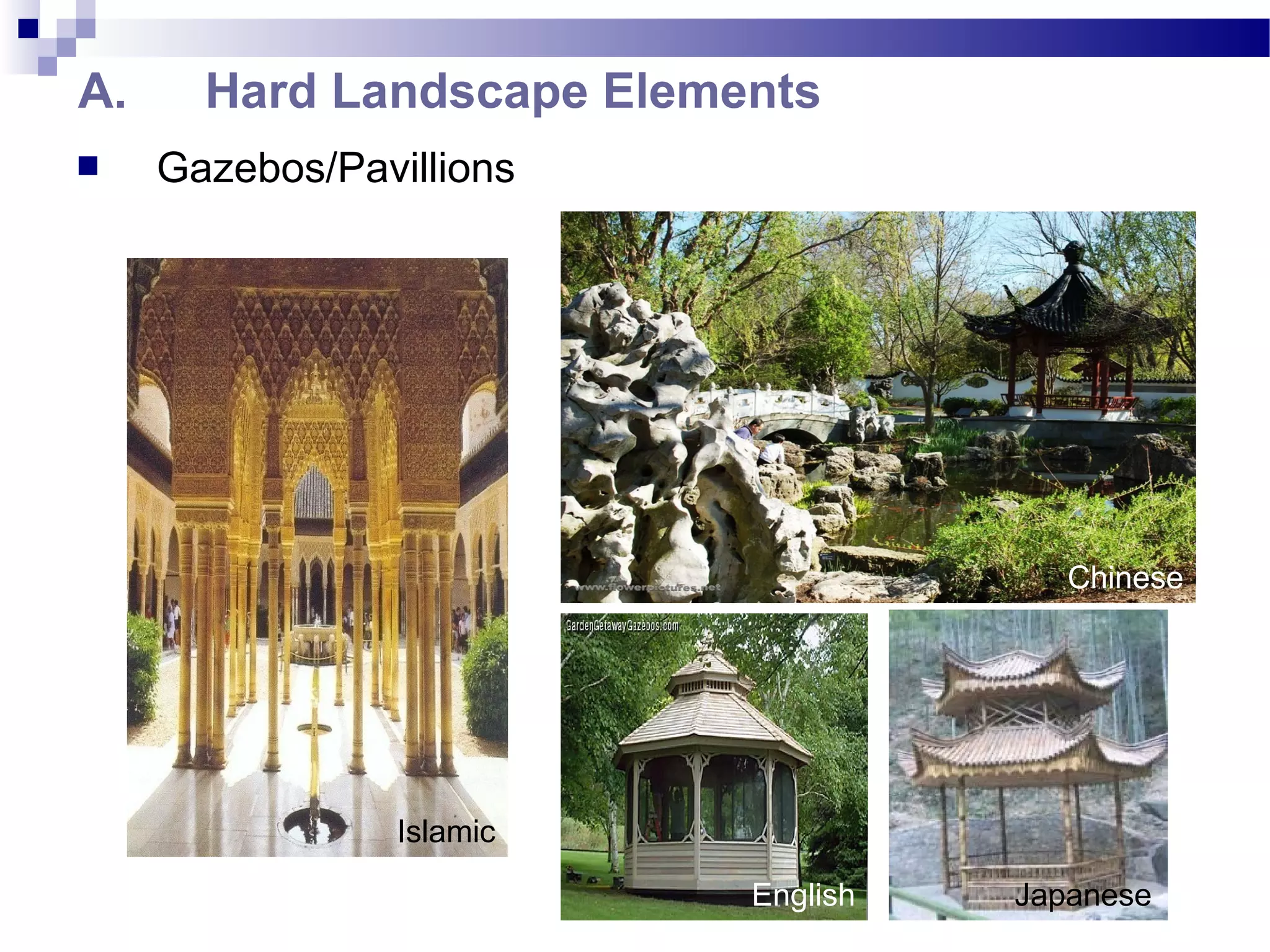  Gazebos/Pavillions
A. Hard Landscape Elements
Japanese
Chinese
English
Islamic
 