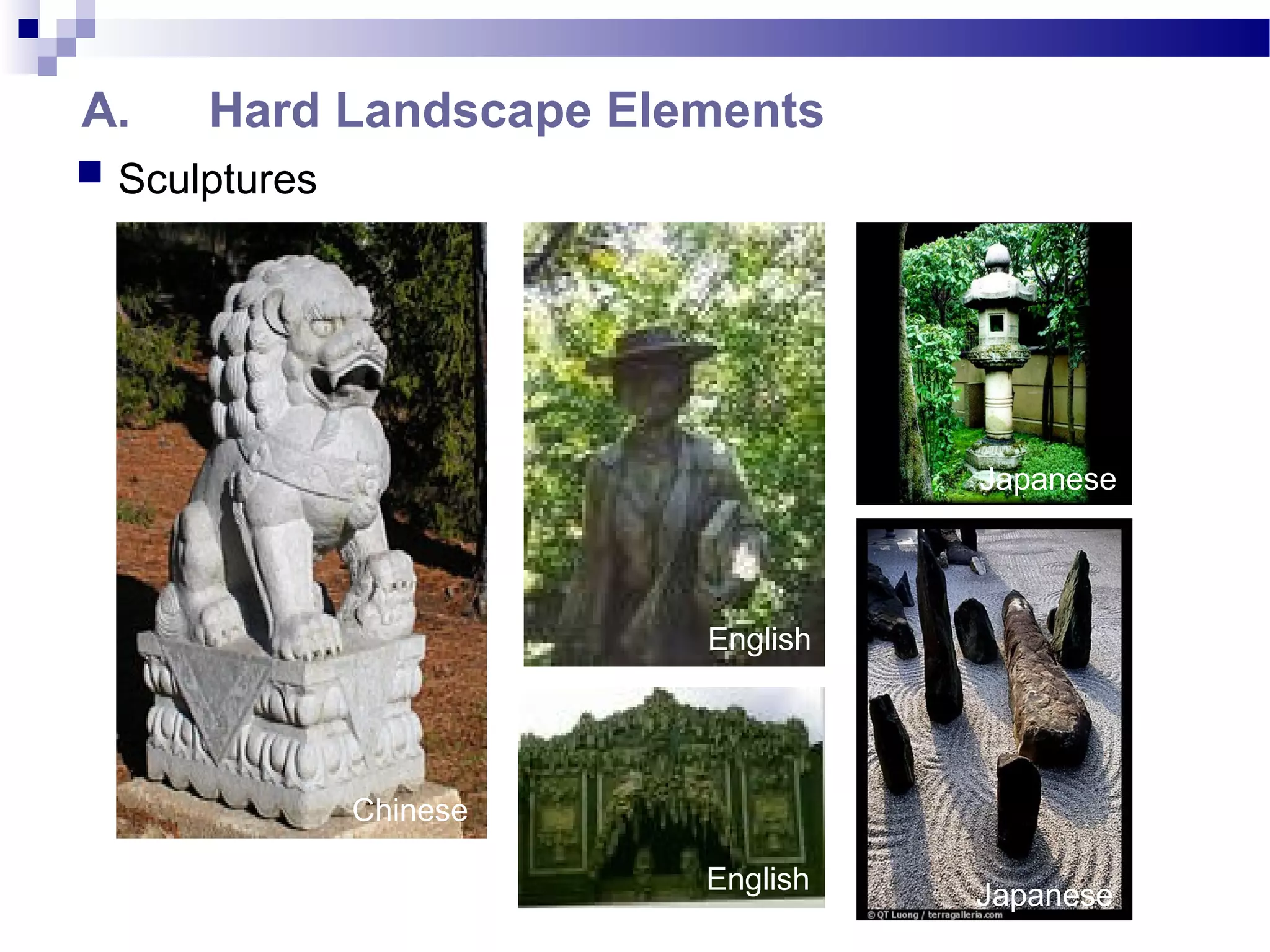 A. Hard Landscape Elements
 Sculptures
Chinese
English
Japanese
Japanese
English
 
