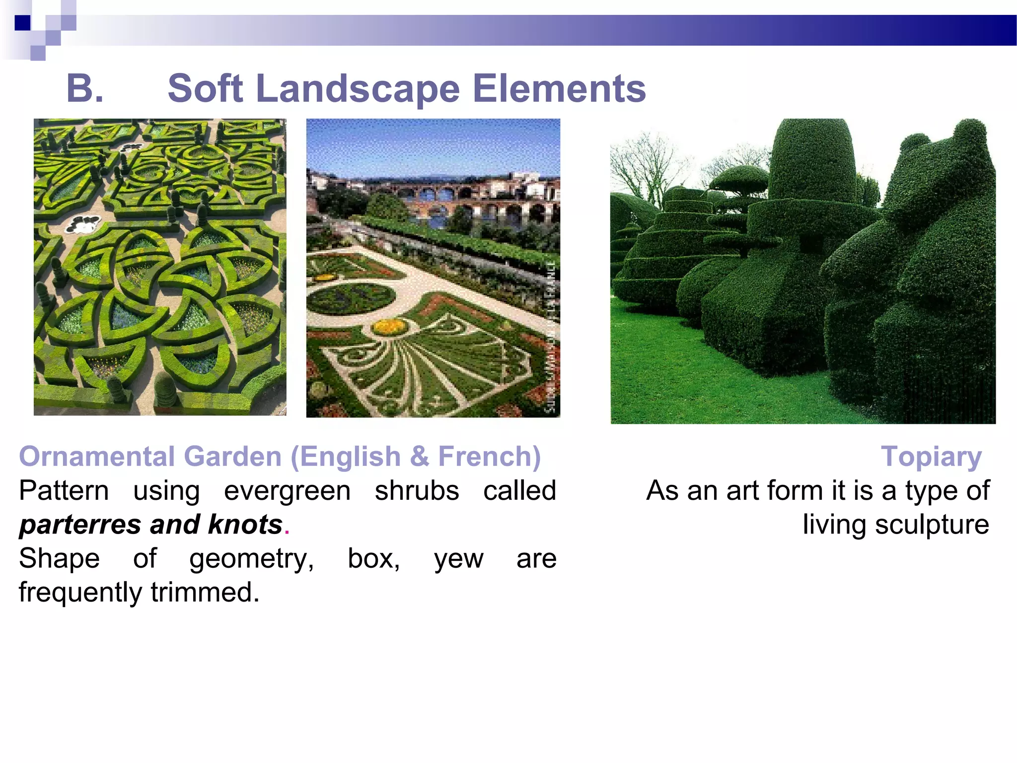 B. Soft Landscape Elements
Ornamental Garden (English & French)
Pattern using evergreen shrubs called
parterres and knots.
Shape of geometry, box, yew are
frequently trimmed.
Topiary
As an art form it is a type of
living sculpture
 