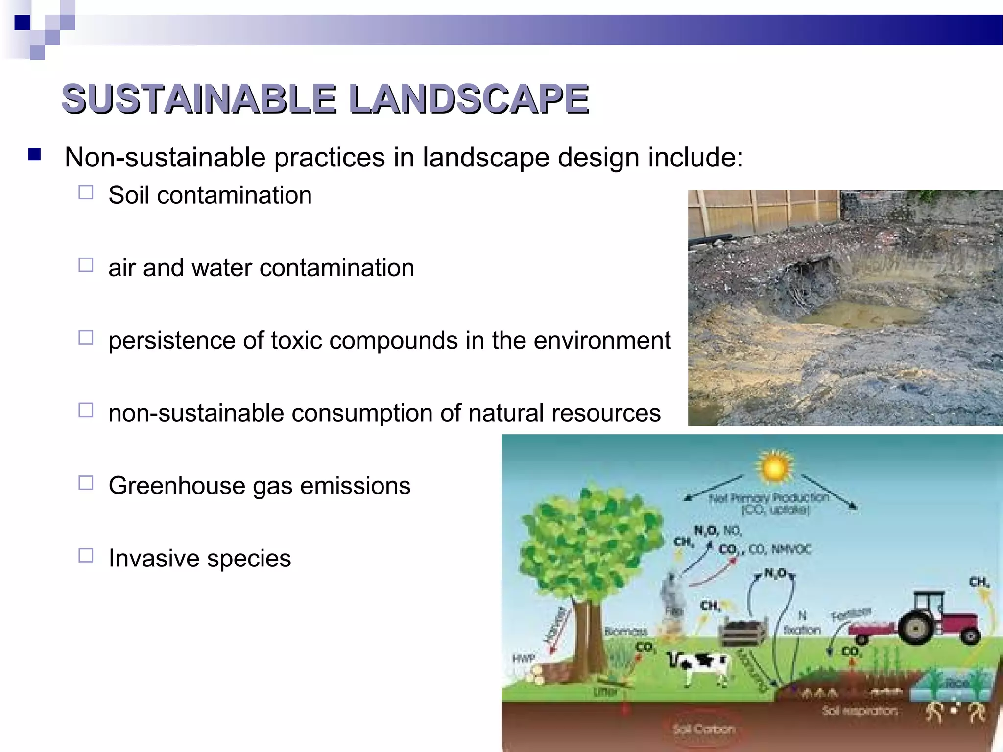 SUSTAINABLE LANDSCAPESUSTAINABLE LANDSCAPE
 Non-sustainable practices in landscape design include:
 Soil contamination
 air and water contamination
 persistence of toxic compounds in the environment
 non-sustainable consumption of natural resources
 Greenhouse gas emissions
 Invasive species
 