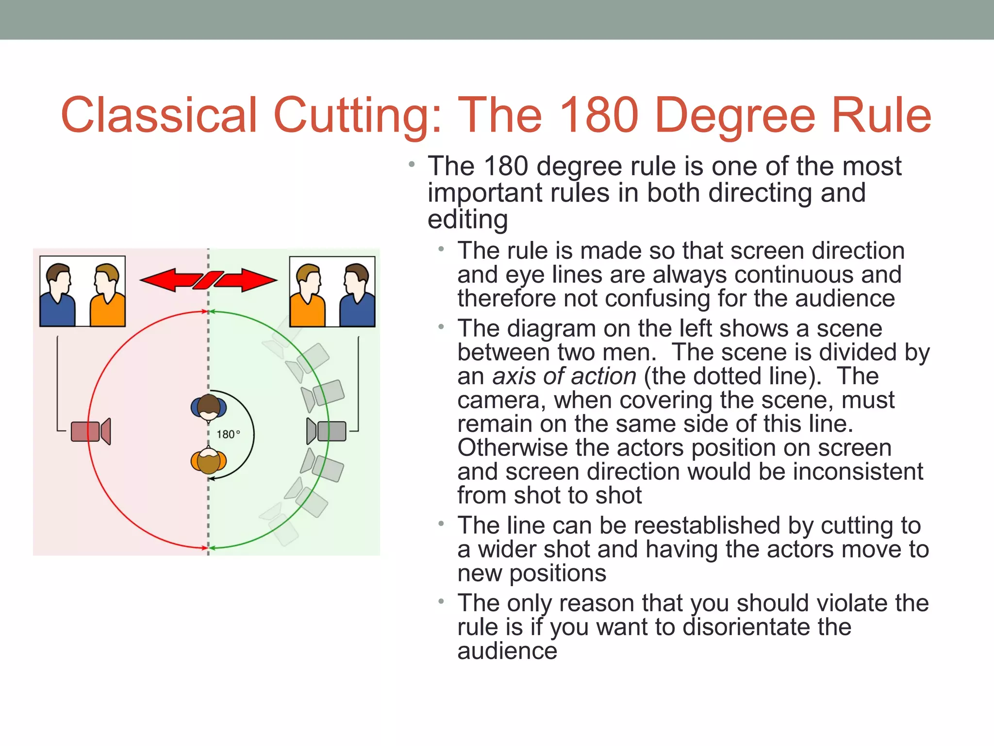 Classical Cutting: The 180 Degree Rule
• The 180 degree rule is one of the most
important rules in both directing and
editing
• The rule is made so that screen direction
and eye lines are always continuous and
therefore not confusing for the audience
• The diagram on the left shows a scene
between two men. The scene is divided by
an axis of action (the dotted line). The
camera, when covering the scene, must
remain on the same side of this line.
Otherwise the actors position on screen
and screen direction would be inconsistent
from shot to shot
• The line can be reestablished by cutting to
a wider shot and having the actors move to
new positions
• The only reason that you should violate the
rule is if you want to disorientate the
audience
 
