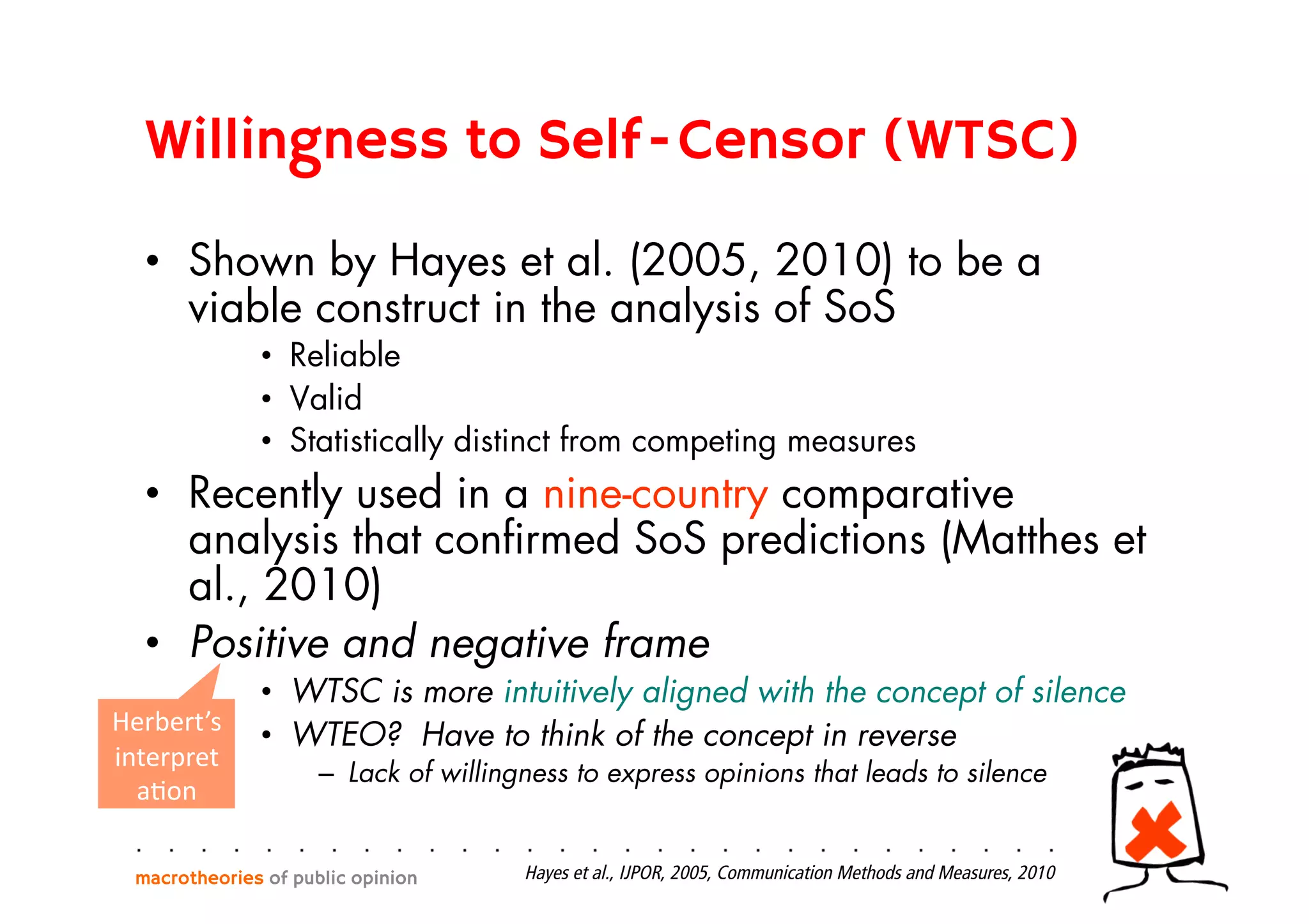 Willingness to Self-Censor (WTSC)
•  Shown by Hayes et al. (2005, 2010) to be a
viable construct in the analysis of SoS
•  Reliable
•  Valid
•  Statistically distinct from competing measures
•  Recently used in a nine-country comparative
analysis that conﬁrmed SoS predictions (Matthes et
al., 2010)
•  Positive and negative frame
•  WTSC is more intuitively aligned with the concept of silence
•  WTEO? Have to think of the concept in reverse
–  Lack of willingness to express opinions that leads to silence
macrotheories of public opinion Hayes et al., IJPOR, 2005, Communication Methods and Measures, 2010
Herbert’s	
  
interpret
aGon	
  
 
